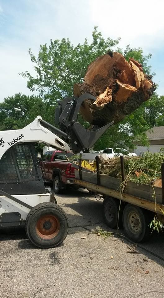 A Bobcat skid-steer with a grapple lifts a heavy log round over a trailer loaded with brush