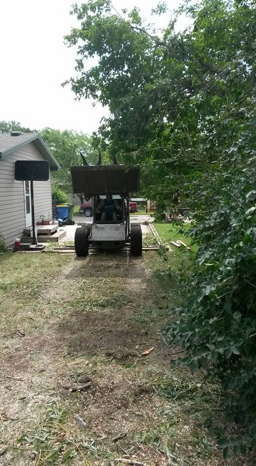 A Bobcat skid-steer drives a loaded bucket through a narrow yard between a house and a hedge