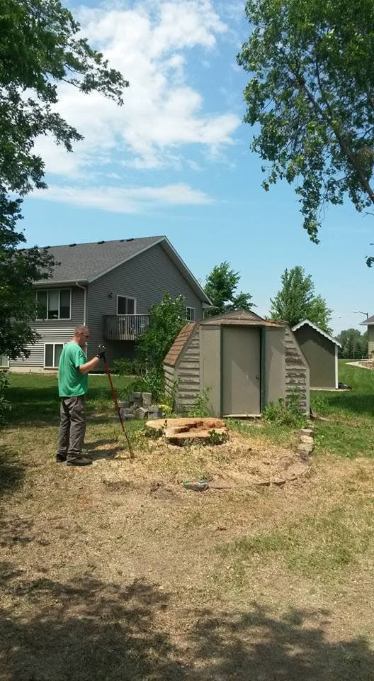 A Quality Tree Service crew member stands with a tool beside a large fresh-cut stump in a backyard, sheds behind